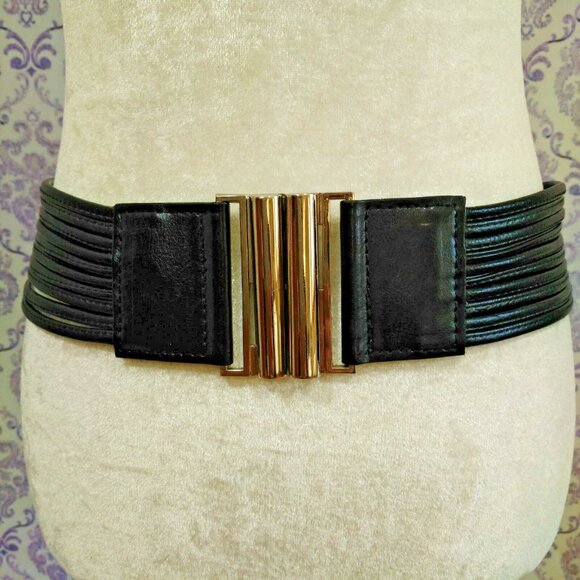Buffalo David Bitton Wide Stretch Waist Belt Womens Size M Black Faux Leather - Picture 1 of 10